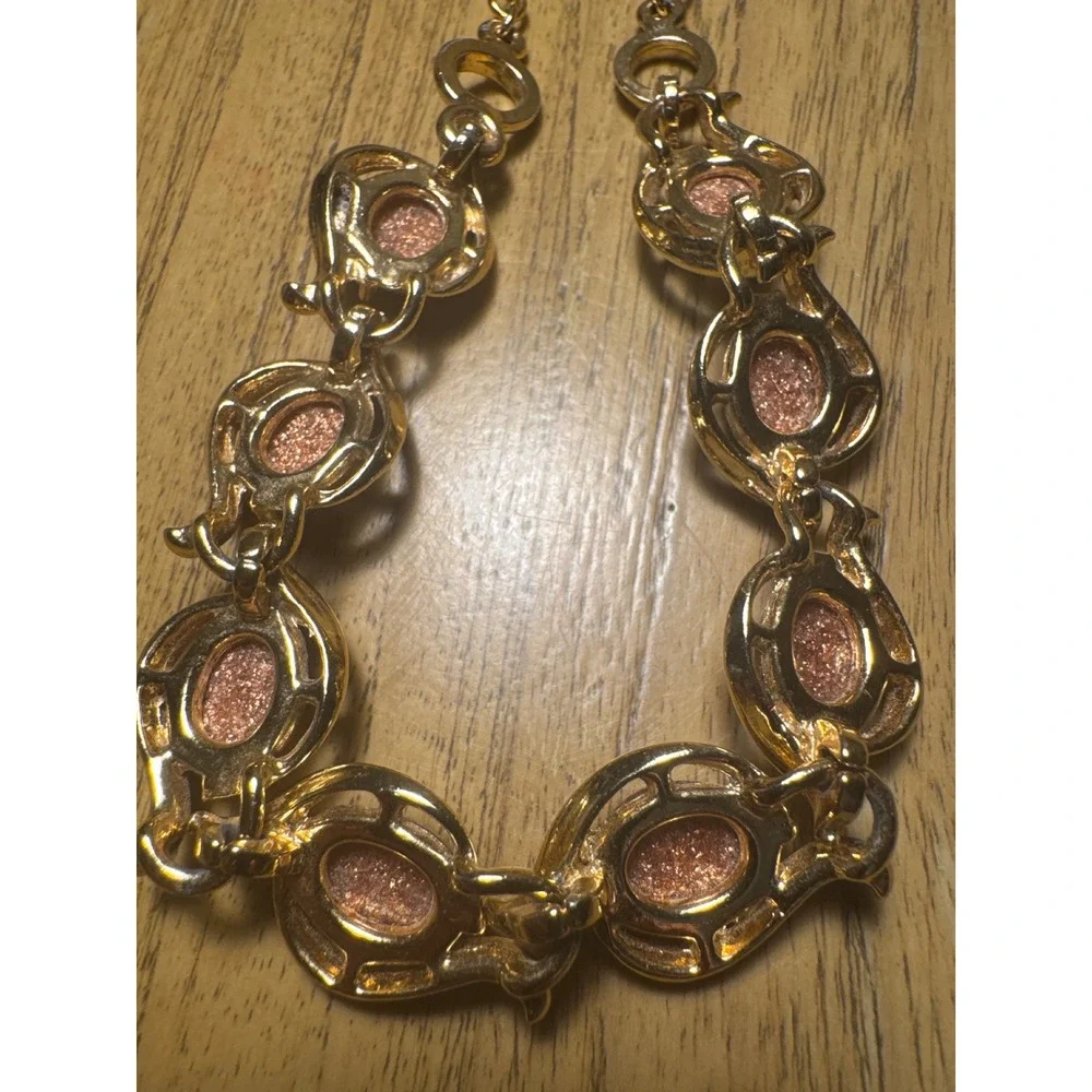 VTG Gold Tone Statement Collar Necklace Copper Textured Glitter Cabochons 16